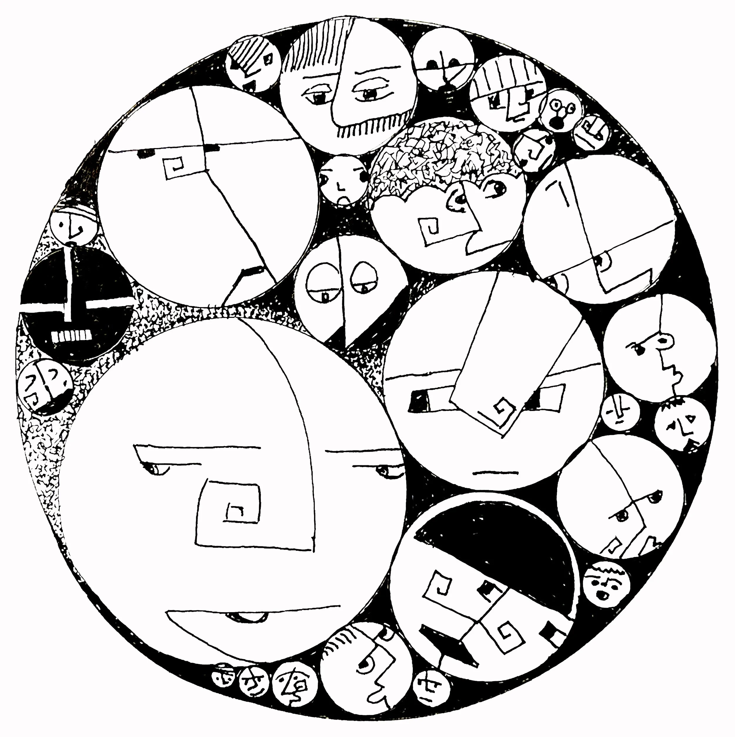 Black and white abstract drawing of a circular shape filled with various faces and figures, some with exaggerated features, within a dotted boundary.