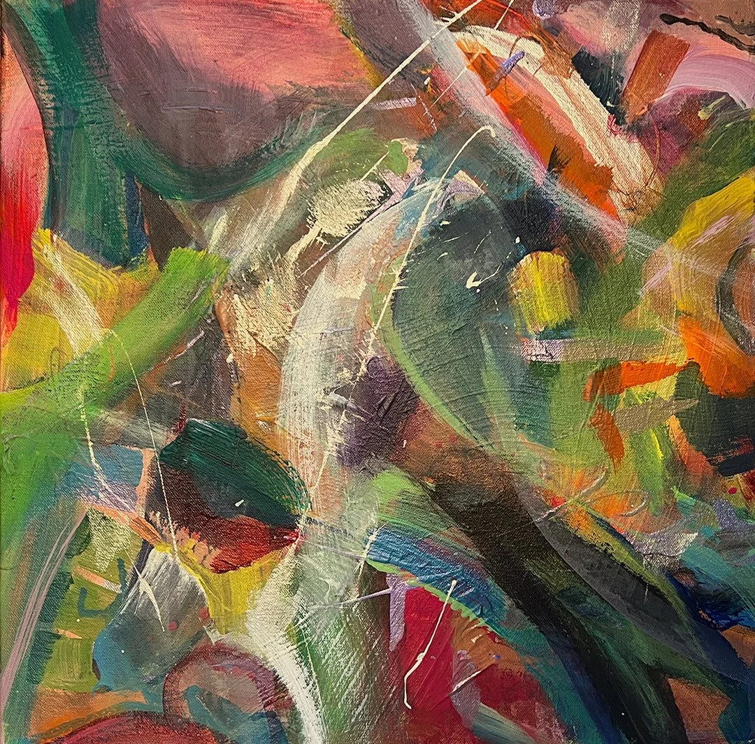 Abstract painting with vibrant swirls and splashes of green, red, black, white, yellow, and orange