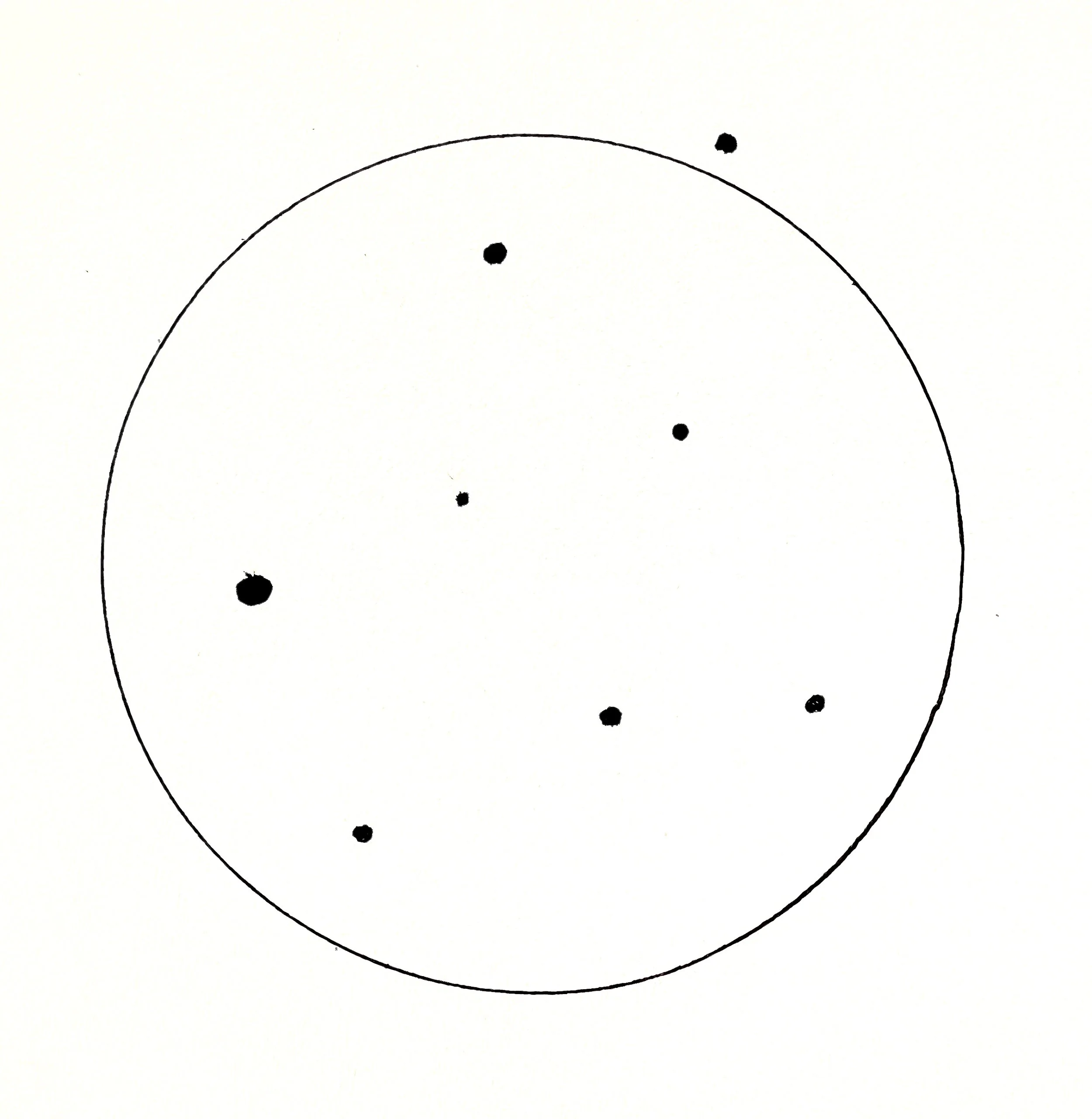 Black ink drawing of a large circle with several smaller black dots inside it on a white background.