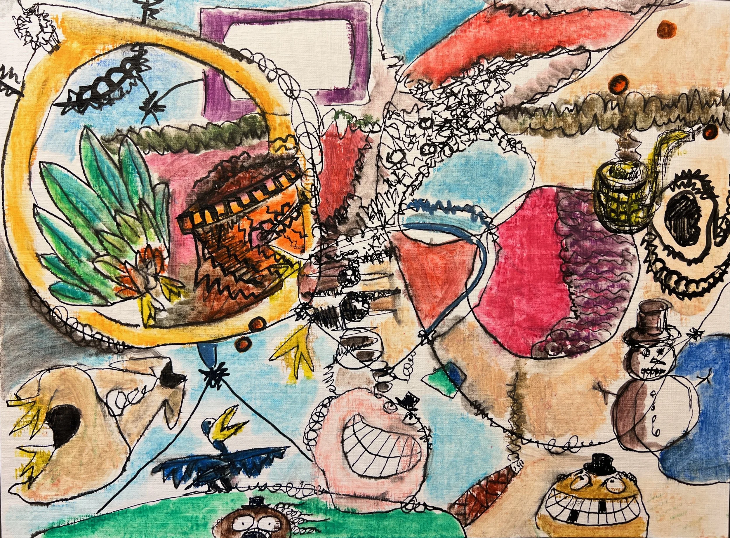 A colorful abstract mixed media artwork featuring various objects such as a coffee mug, a teapot, hearts, leaves, a camera, a paint palette, and other miscellaneous items, with vibrant colors and expressive line work.