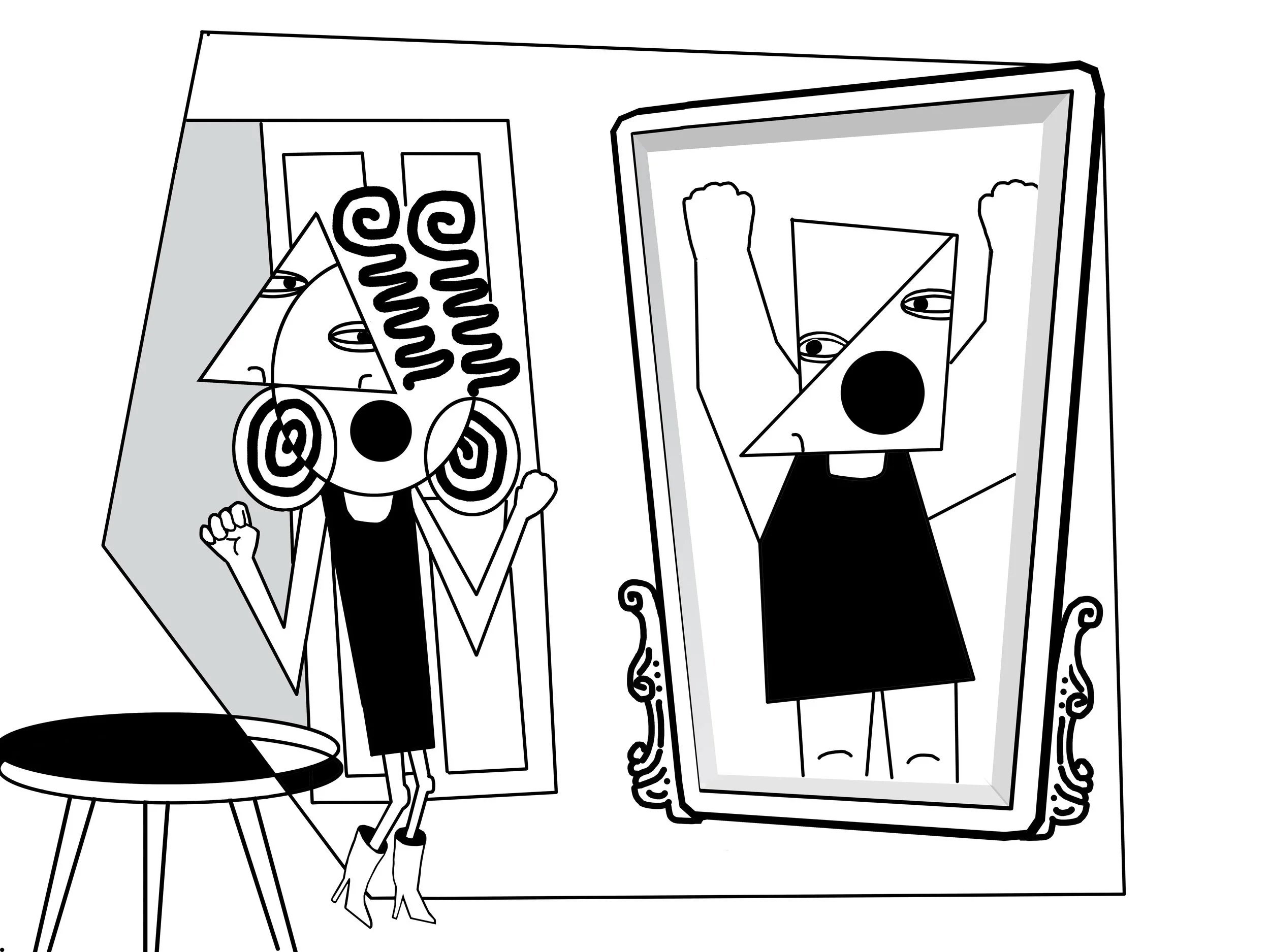 Black and white illustration of a woman with curly hair looking into a mirror, adjusting her dress. Reflects her image in the mirror with curly hair, wearing a black dress, and heels. The scene includes a small table with a round top.