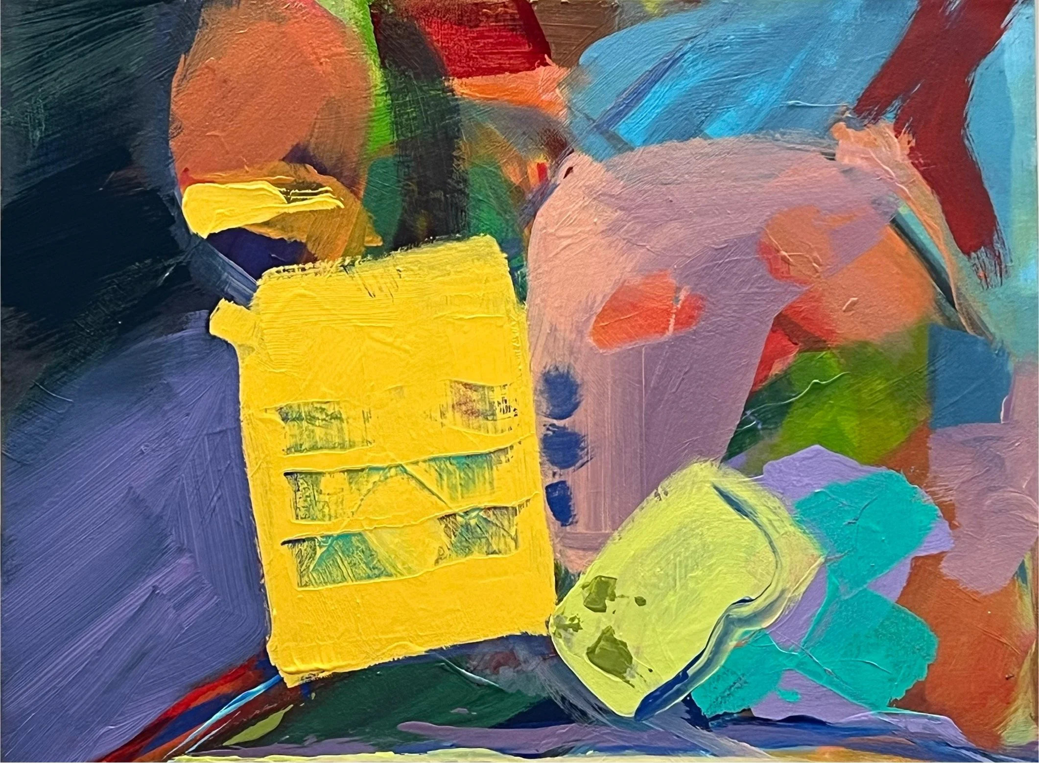 Abstract colorful painting with thick brushstrokes, featuring a yellow square, green, red, orange, blue, purple, black, and gray hues blending together.