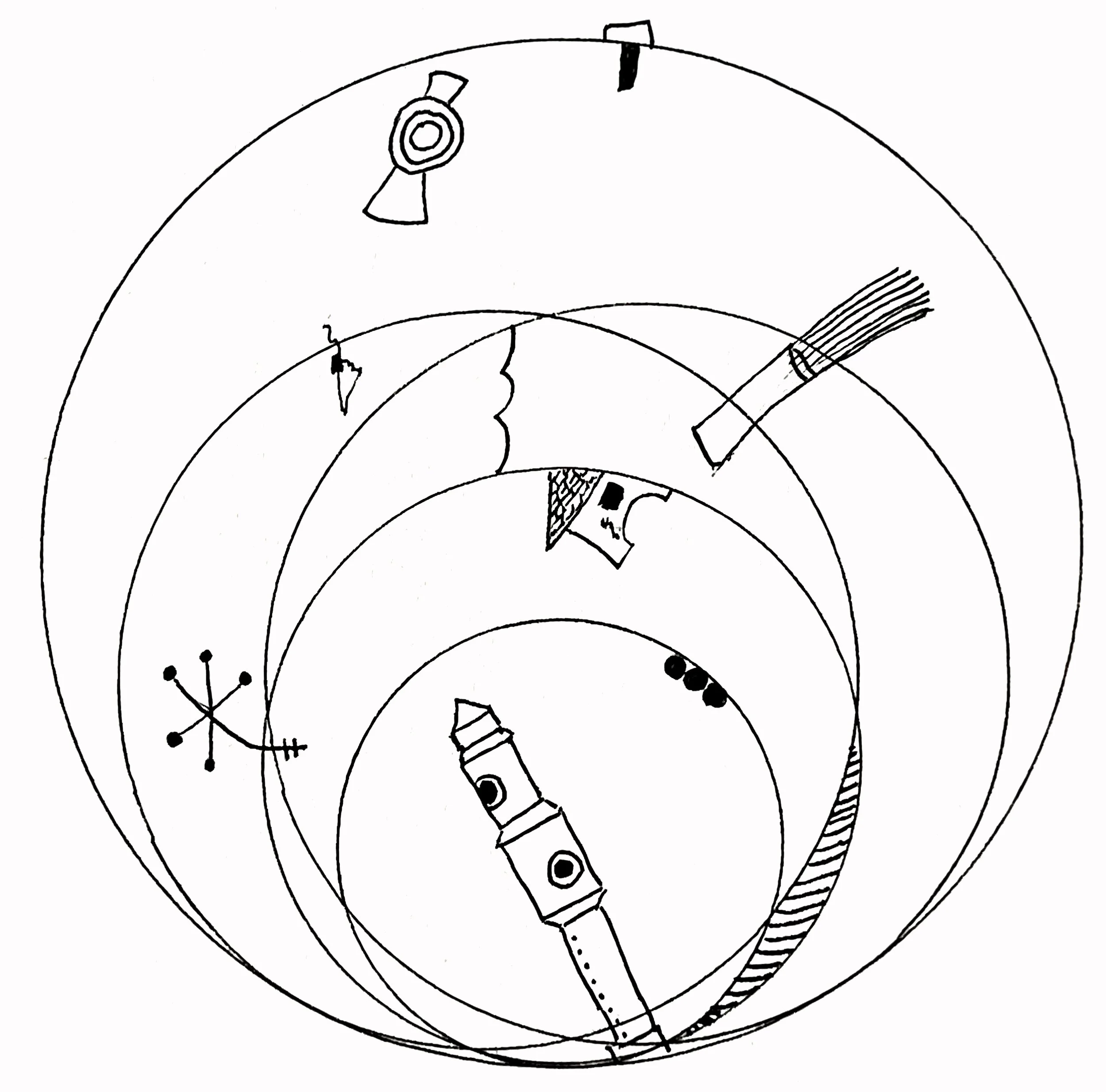 Black and white line drawing of a circular design with various abstract shapes and elements.