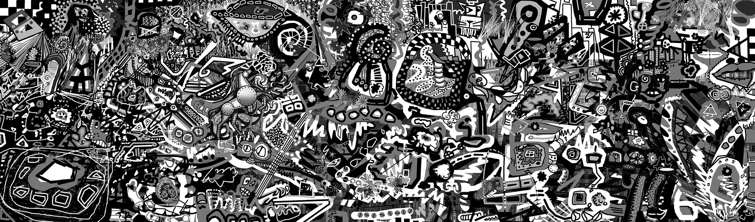 A highly detailed black and white abstract collage with various doodles, patterns, shapes, and cartoon-like characters.