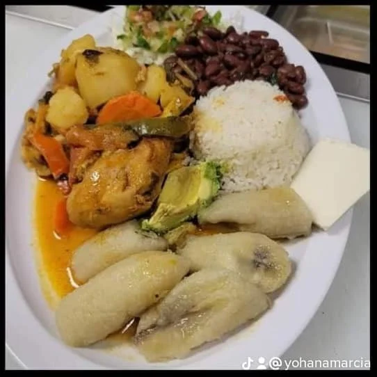 A plate of food with rice, cooked chicken, boiled potatoes and carrots, black beans, salad, and a piece of white cheese.