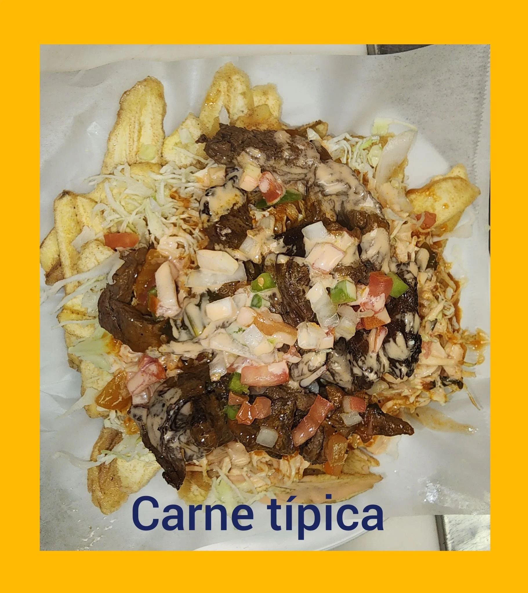 A plate of typical carne asada topped with chopped onions, tomatoes, and cilantro, served with French fries on the side.