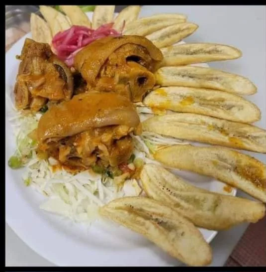 Plate with grilled meat, French fries, sliced pickled onions, and shredded lettuce.