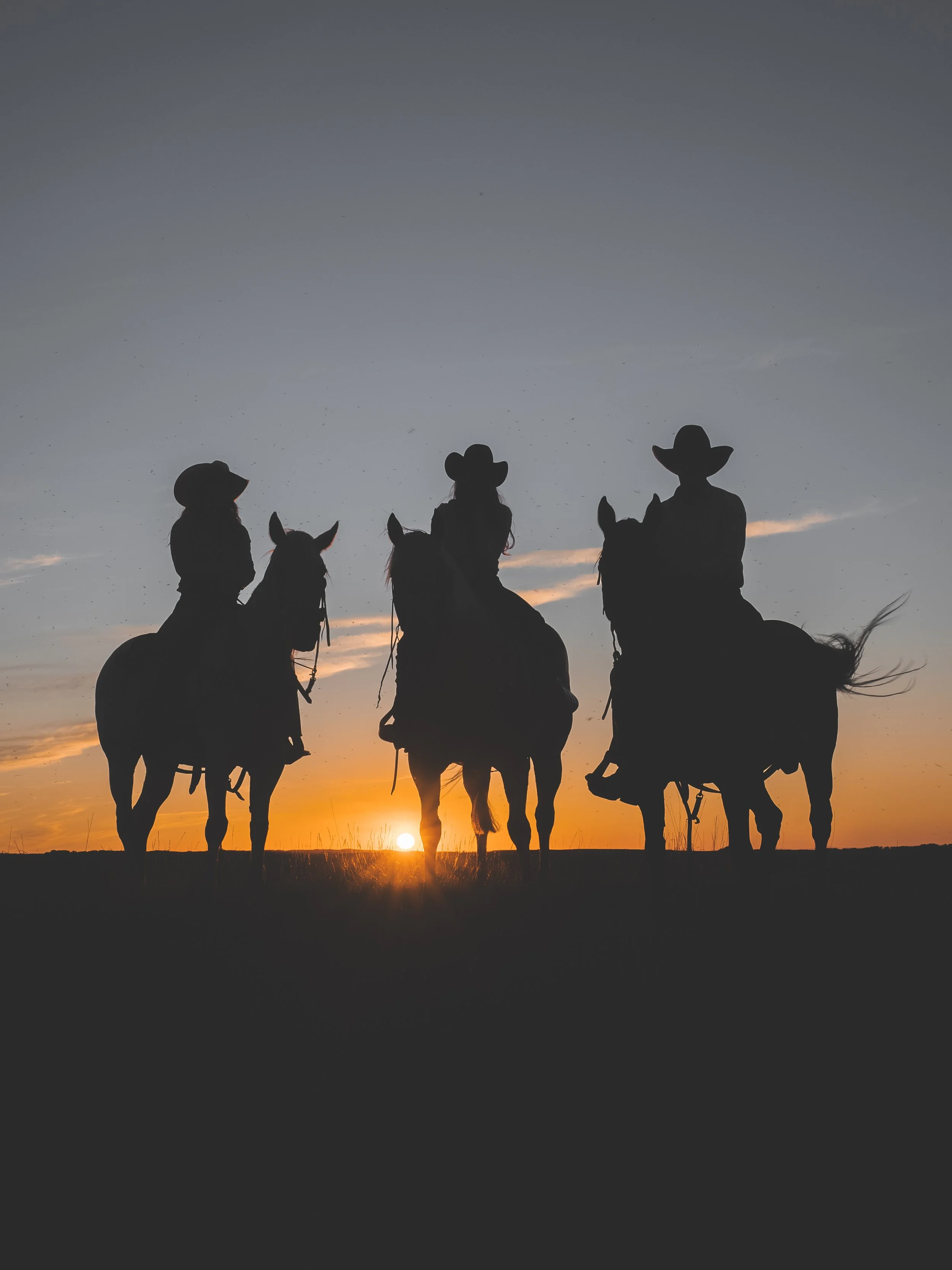 Silhouettes of three cowboys riding horses at sunset on open land.