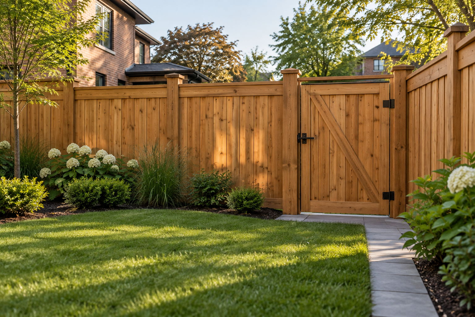 AI-generated cedar privacy fence and framed gate concept in a landscaped residential backyard
