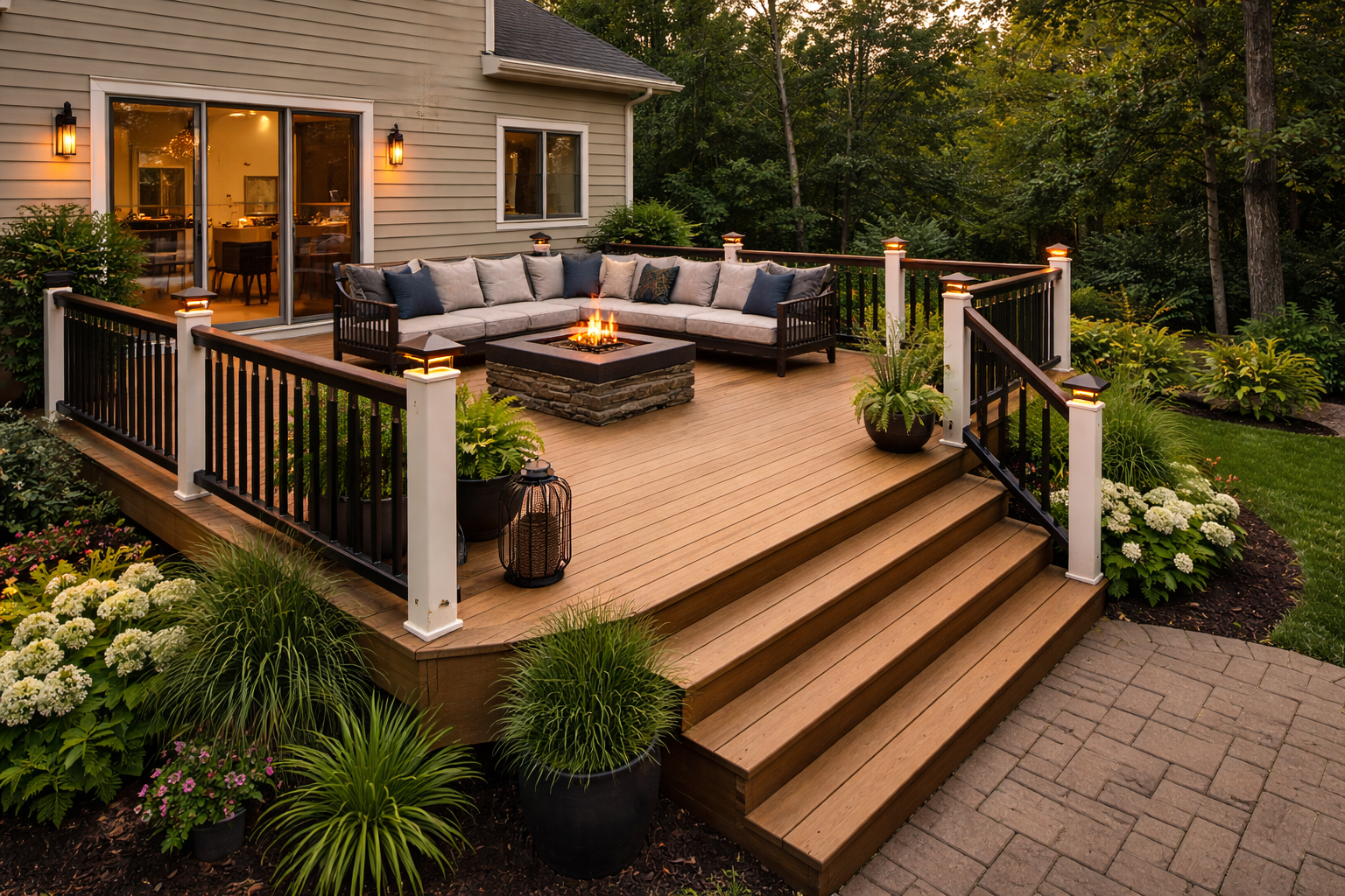 AI-generated deck design inspiration with seating, stairs, railings and garden