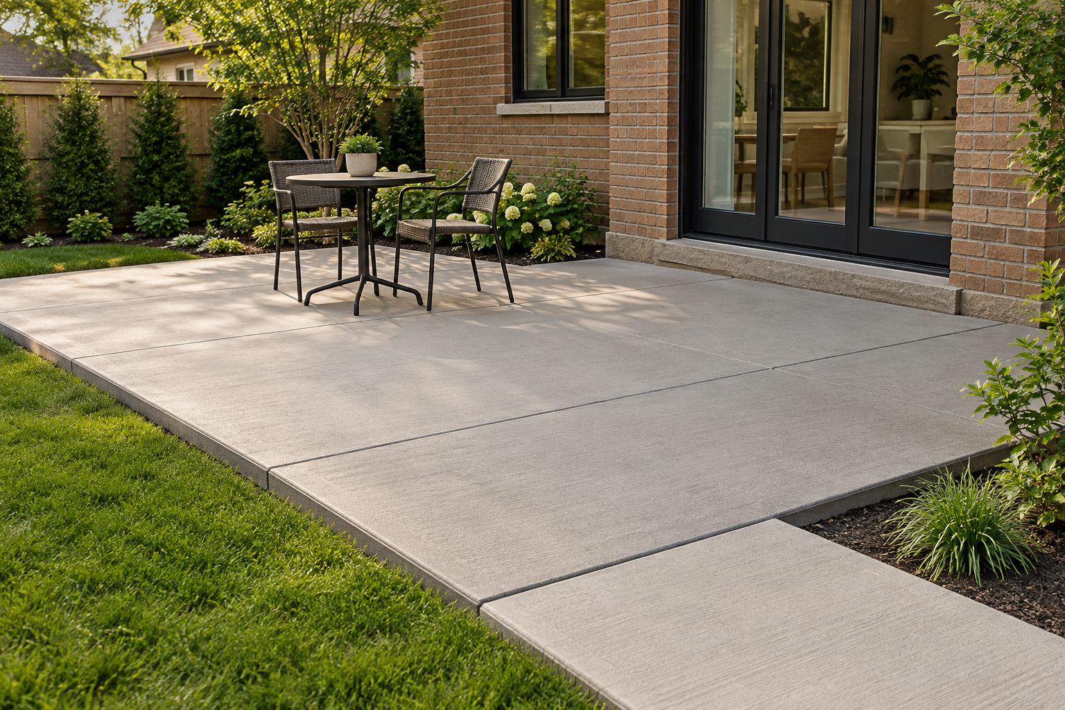 AI-generated concrete patio and walkway concept with defined joints beside a brick home