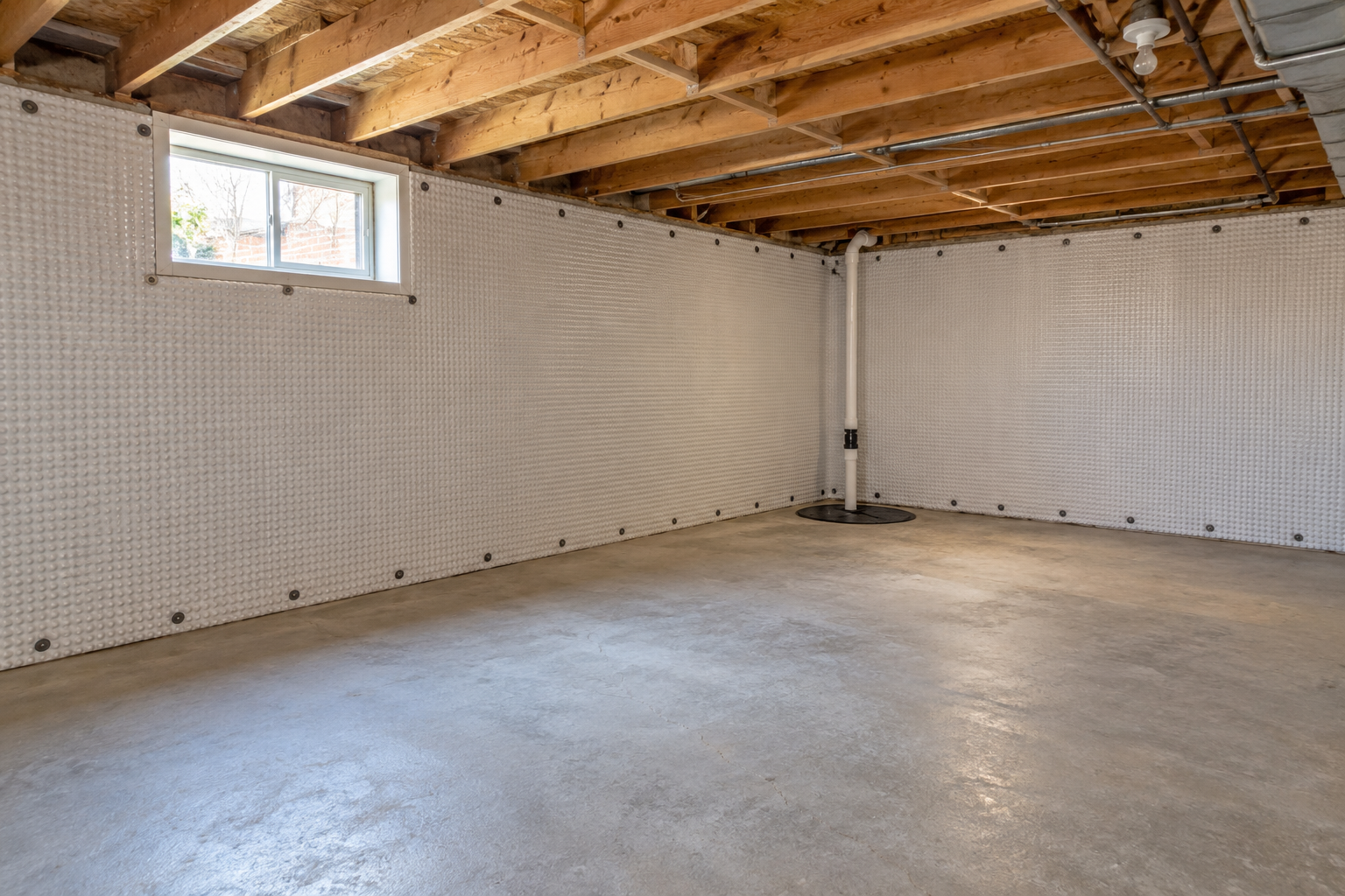 AI-generated dry basement waterproofing concept with wall membrane and a sealed sump cover