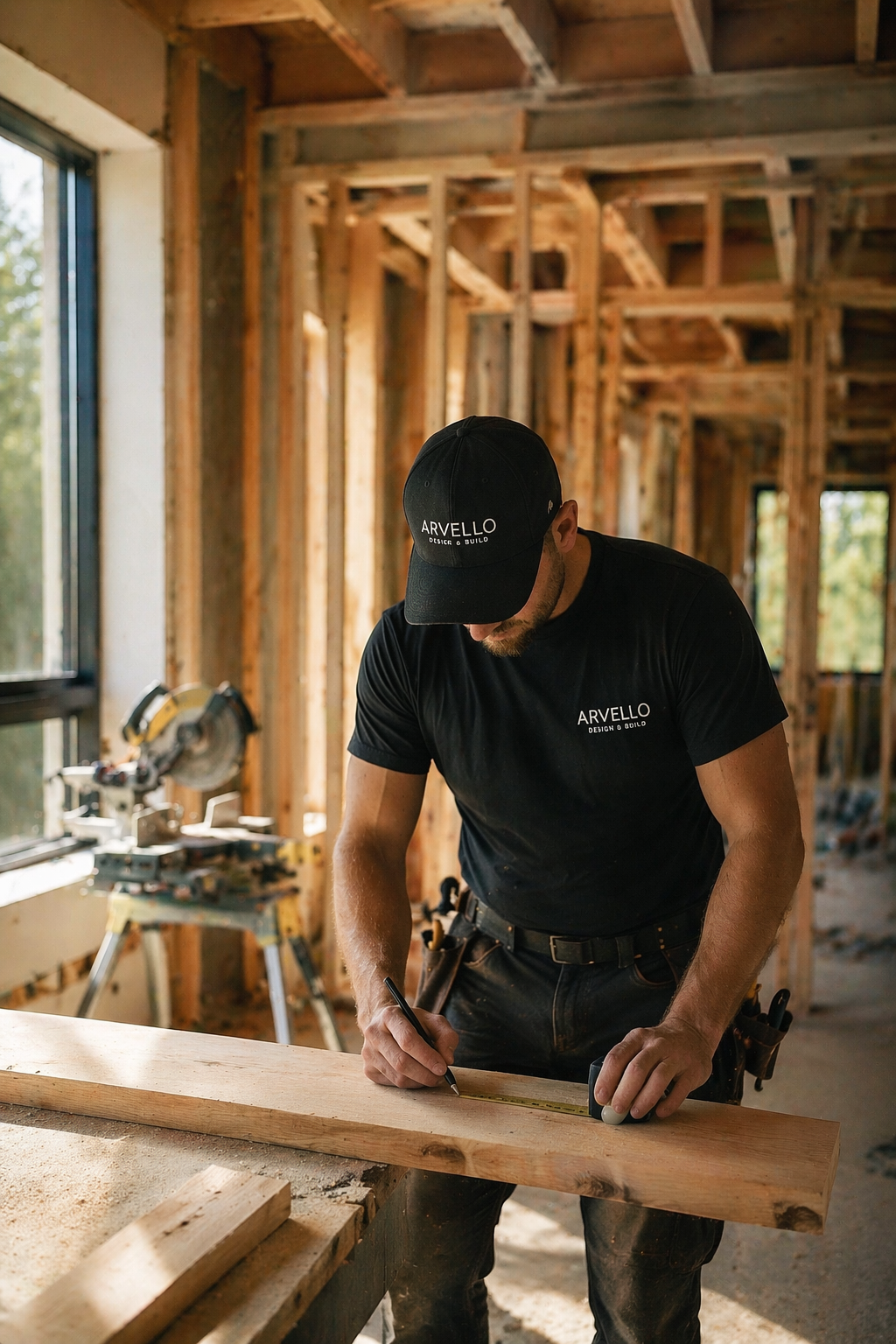 Illustrative image of a carpenter measuring timber during an interior renovation