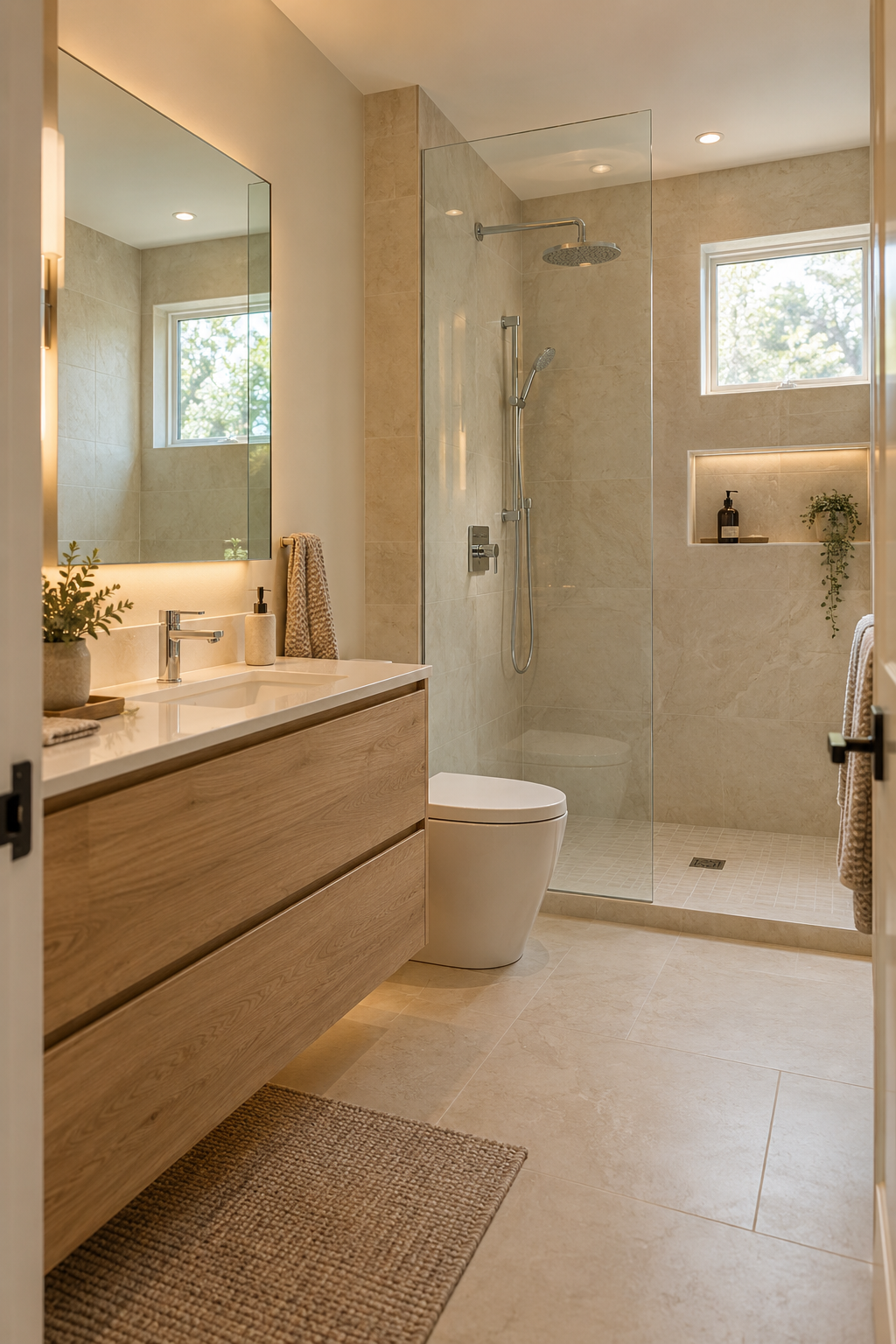AI-generated bathroom renovation concept with oak vanity, cream tile and glass walk-in shower