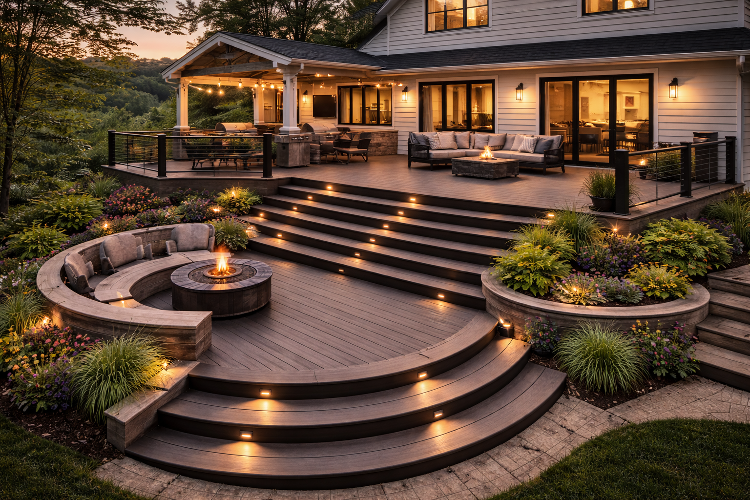 Outdoor-living design concept with deck, patio, seating and warm lighting