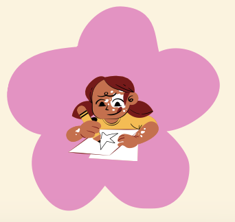 A girl drawing a star on paper with a pink cloud background.