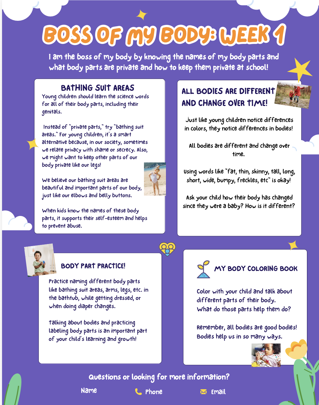 A colorful educational poster titled 'Boss of My Body: Week 1' with information for children about body parts, privacy, and self-esteem. It includes sections on bathing suit areas, body differences, practice activities, and a coloring book. There are small images of children engaging in activities, along with decorative clouds, stars, and flowers.