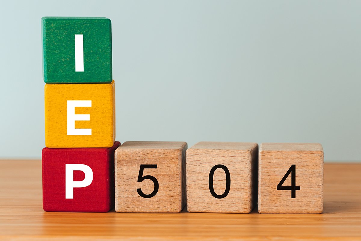 Colorful wooden blocks spelling 'IEP' and number blocks with '504' on a wooden surface.