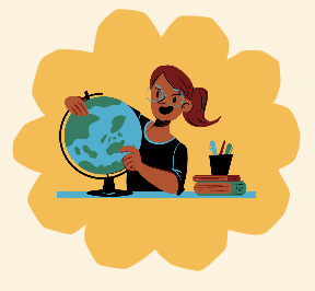 A girl with glasses and red hair tied in a ponytail studying at a desk, with a globe, books, and colored pencils.