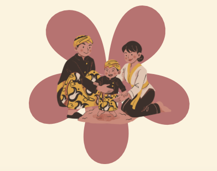 Three children, two boys and one girl, sitting on a pink flower-shaped background, dressed in traditional clothing, smiling and holding a small cake.