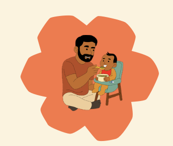 A man feeding a young child who is sitting in a high chair, with a beige background and an orange abstract shape behind them.