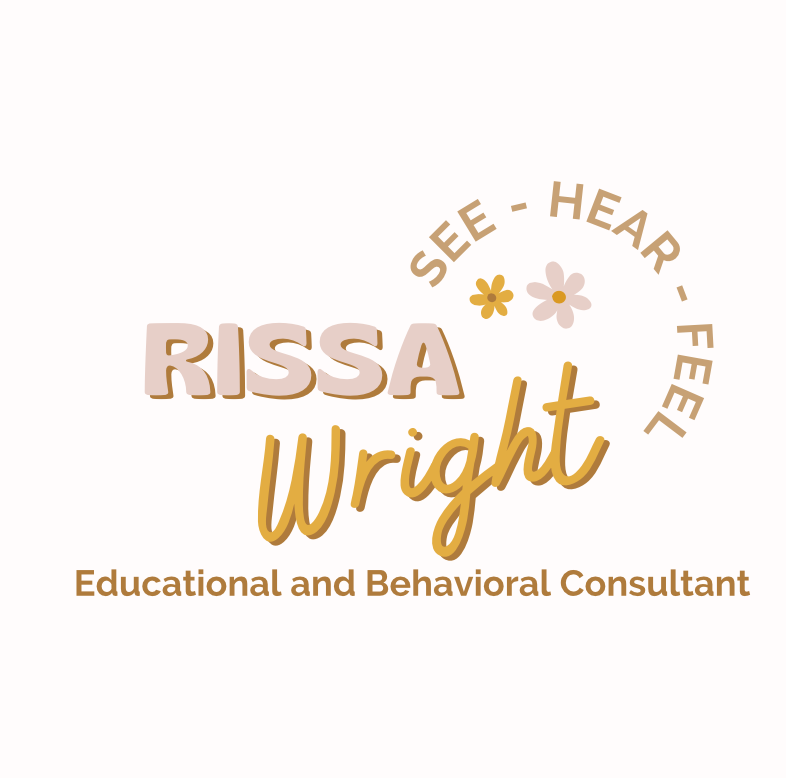 Logo with the name Rissa Wright, Educational and Behavioral Consultant, featuring the words SEE, HEAR, FEEL in a circular arrangement with a small flower graphic.