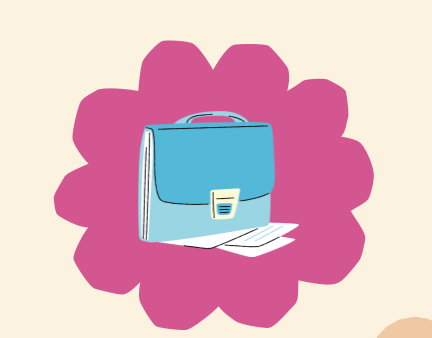 Illustration of a blue briefcase with papers inside, set against a pink flower-shaped background.