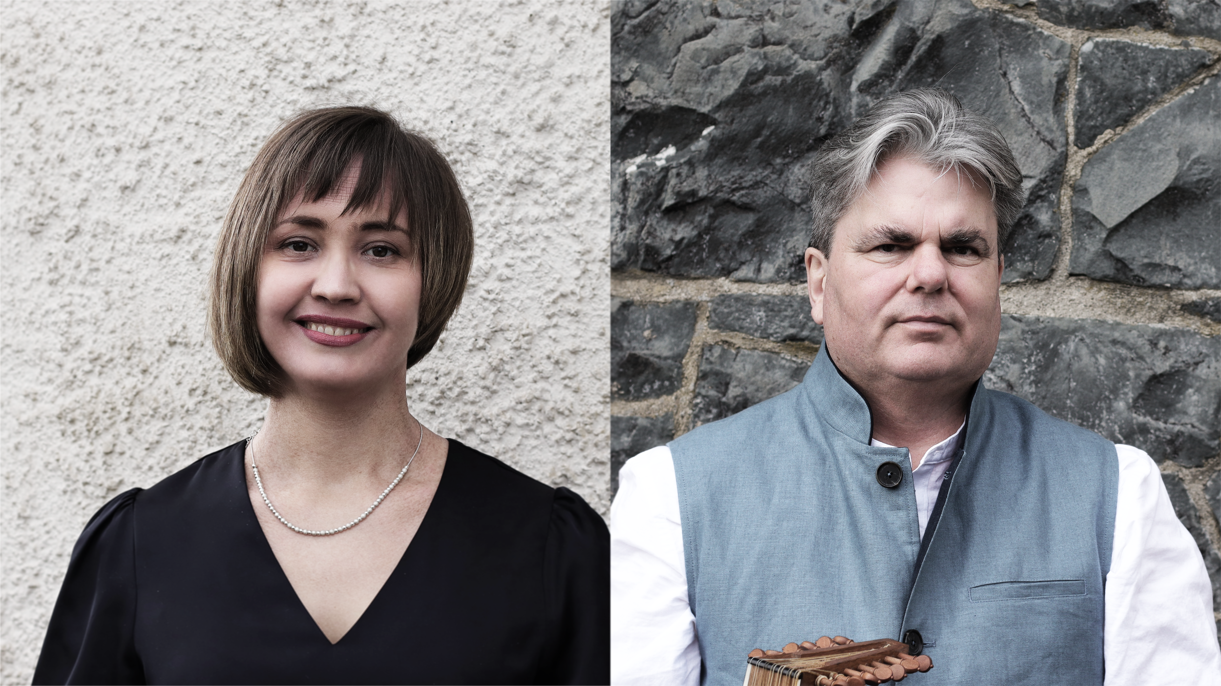 Split-screen portrait of a woman on the left with short brown hair, wearing a black dress and a pearl necklace, smiling, and a man on the right with gray hair, wearing a blue vest over a white shirt, with a serious expression, standing against different stone and textured backgrounds.