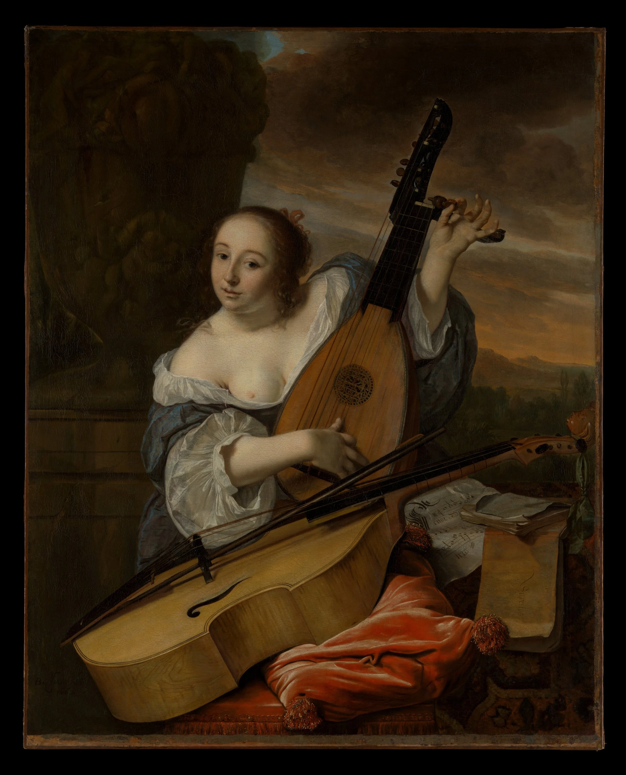 Painting of a woman with red hair playing a lute, sitting at a desk with sheet music, with a landscape of a sunset and a dark cloud in the background.