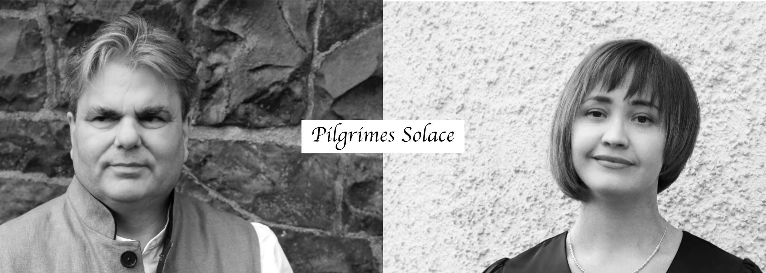 Side-by-side black and white portraits of Brian Payne and Anastassia Rakitianskaia with the text "Pilgrimes Solace" in the center.