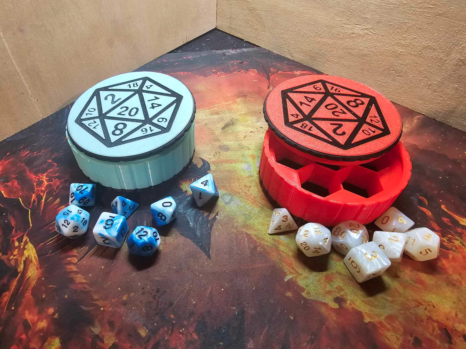 DnD Dice Storage Box – Custom 2 Colour Round Dice Case with D20 Lid
