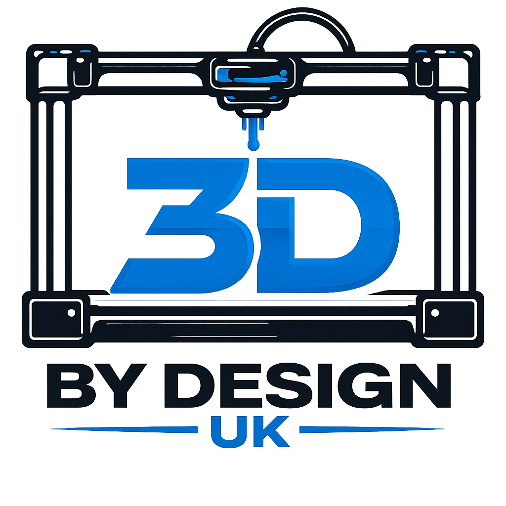 3D blue and black logo of a 3D printer with the text "3D BY DESIGN UK" underneath.