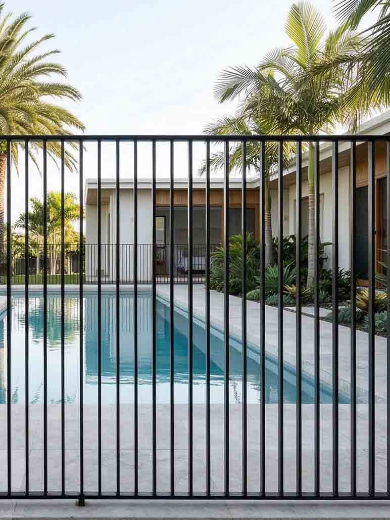 View of a swimming pool area through a black metal fence, with modern houses, palm trees, and greenery in the background.