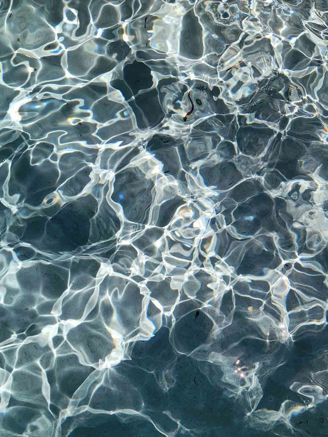 View of clear water with sunlight reflections and ripples.