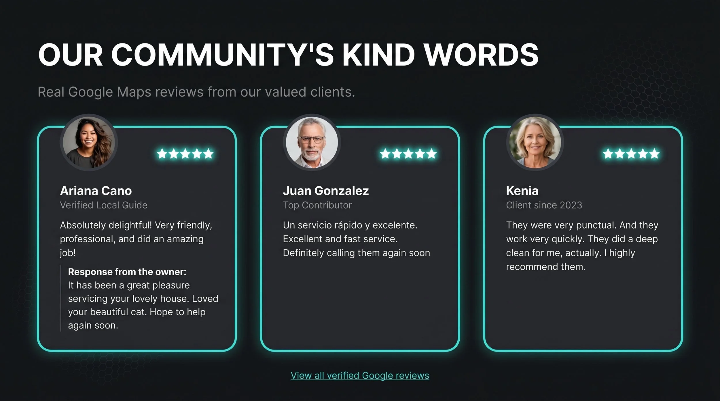 A digital review board featuring three customer reviews with profile pictures, star ratings, and feedback. The reviews praise services, with one including a detailed written response. The background is dark with glowing outline boxes around each review and a link at the bottom to view all reviews.