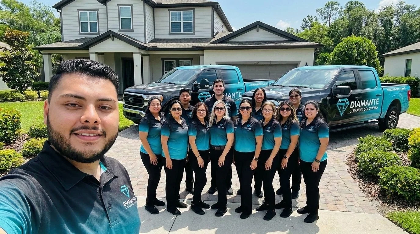Group photo of team members in matching uniforms standing in front of two trucks, outdoor residential setting with house and greenery.