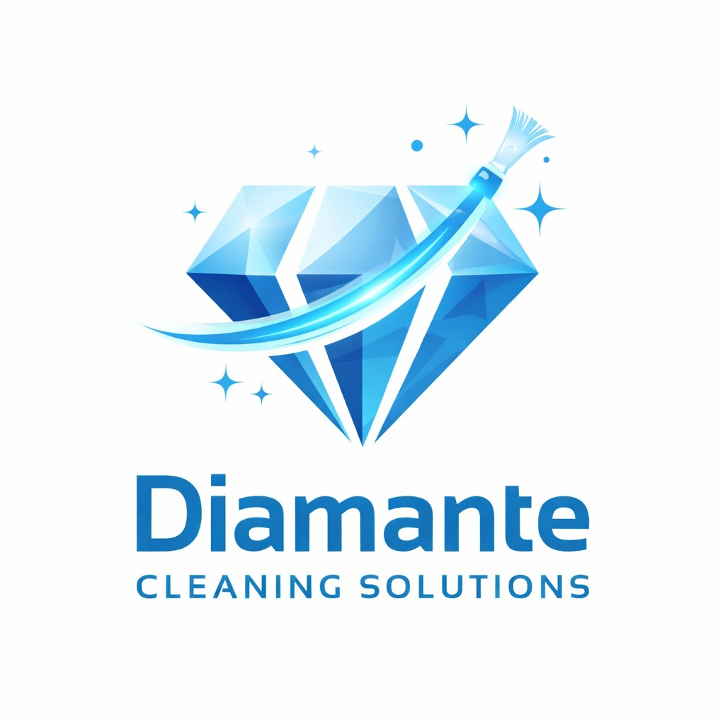 A sparkling blue diamond with a cleaning brush swoosh, surrounded by stars, and the text "Diamante Cleaning Solutions" beneath it.