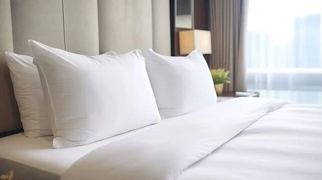 Close-up of a neatly made bed with white pillows and linens in a hotel room, with a window and a view of buildings outside.