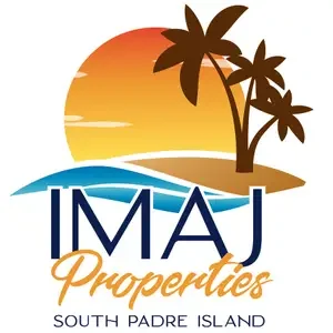 Sunset over a tropical beach with palm trees, with the text 'IMAJ Properties South Padre Island'.