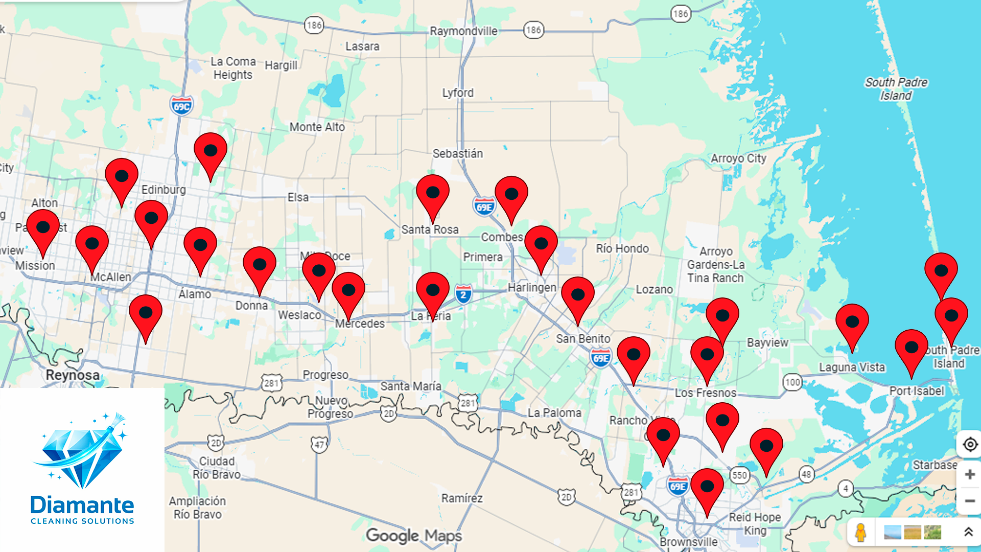 Map showing multiple red location markers around San Antonio, Texas, including areas like Alamo Heights, Mandell, and South Padre Island, with the bottom left corner displaying a logo for Diamante Cleaning Solutions.