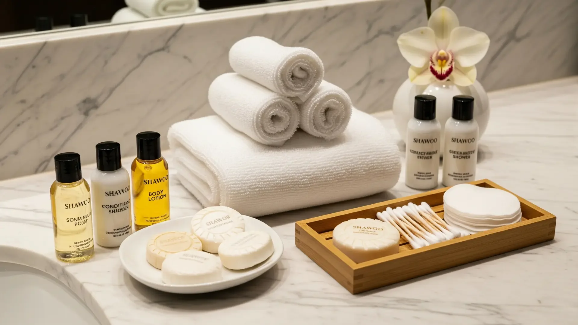 A neatly arranged bathroom countertop with rolled white towels, small bottles of shampoo, conditioner, and body lotion, a bar of soap, cotton swabs, cotton pads, and a decorative orchid in a white vase.