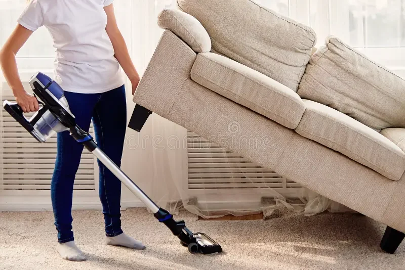 Person vacuuming carpeted floor while lifting a tilted beige sofa in a living room.