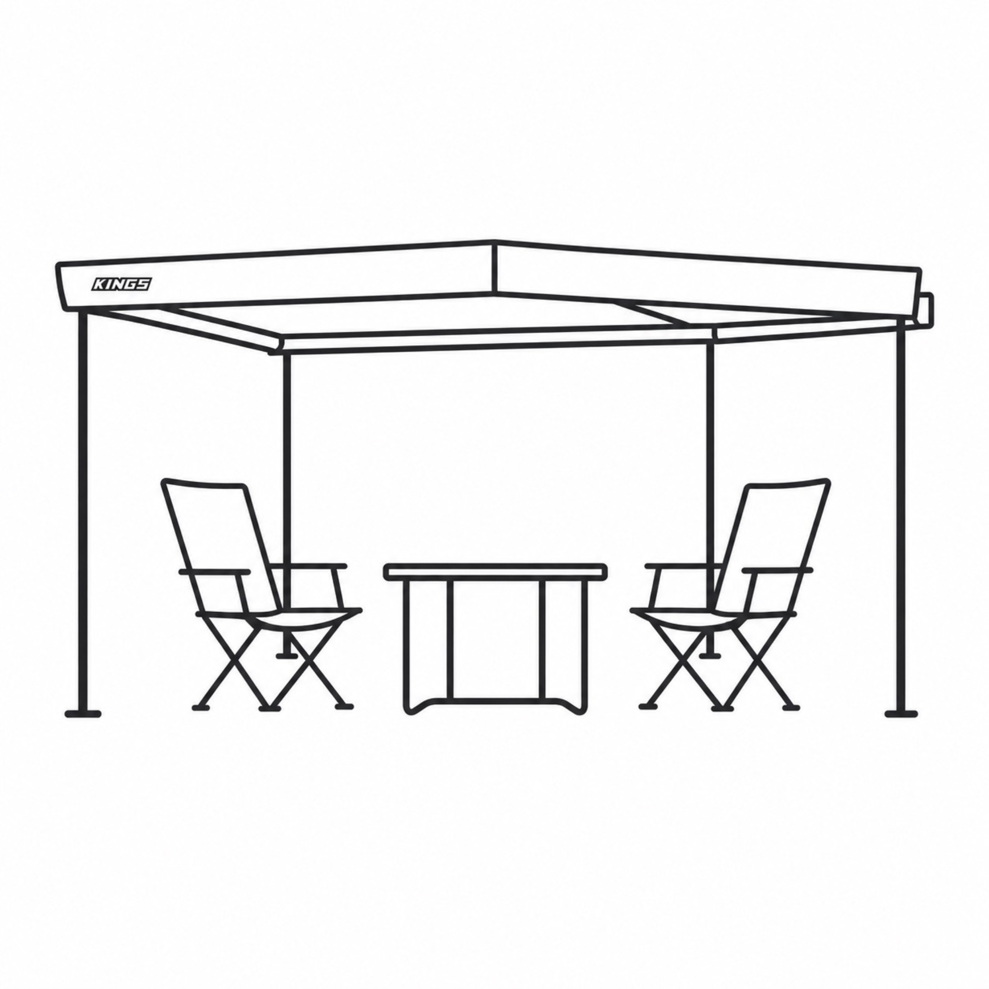 Line drawing of a ping pong table with the brand name 'KINGS' on the side, set up for a game, with paddles and balls on the table.
