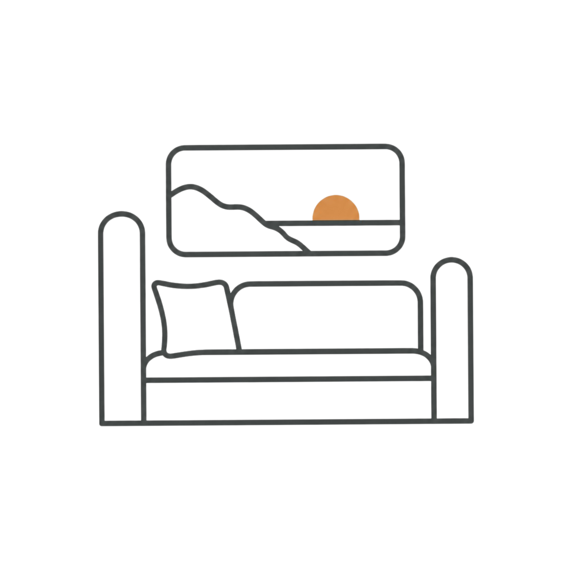 Minimalist abstract line drawing of a suitcase with an orange circle representing a setting sun in the background.