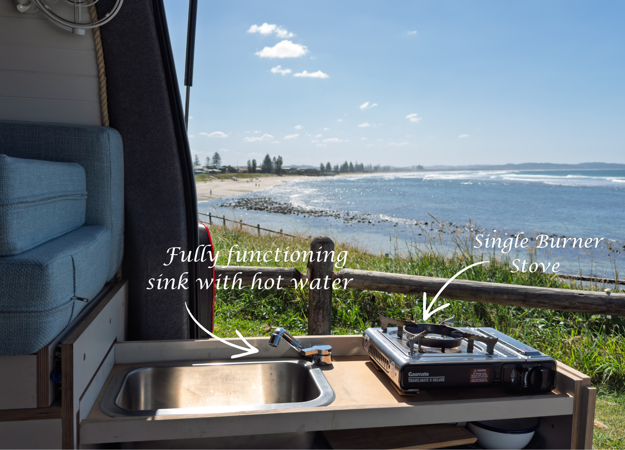 View of a beach and ocean from a camper van kitchen with a sink, a portable gas stove, and a single burner stove. The sky is partly cloudy and there are a few people walking on the sandy beach.
