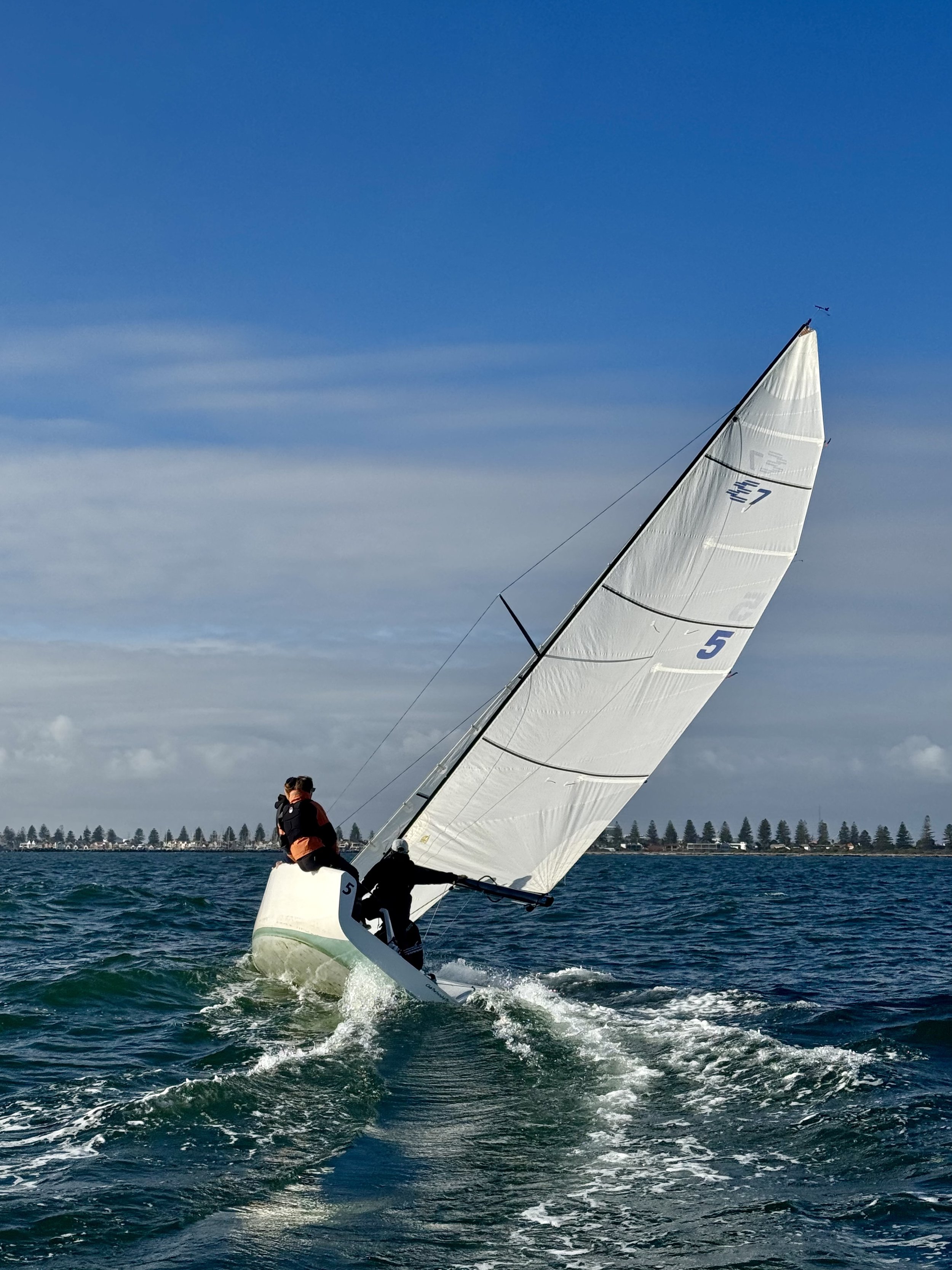 Two people sailing a small white sailboat on a calm blue sea, with a clear sky and distant shoreline with trees.