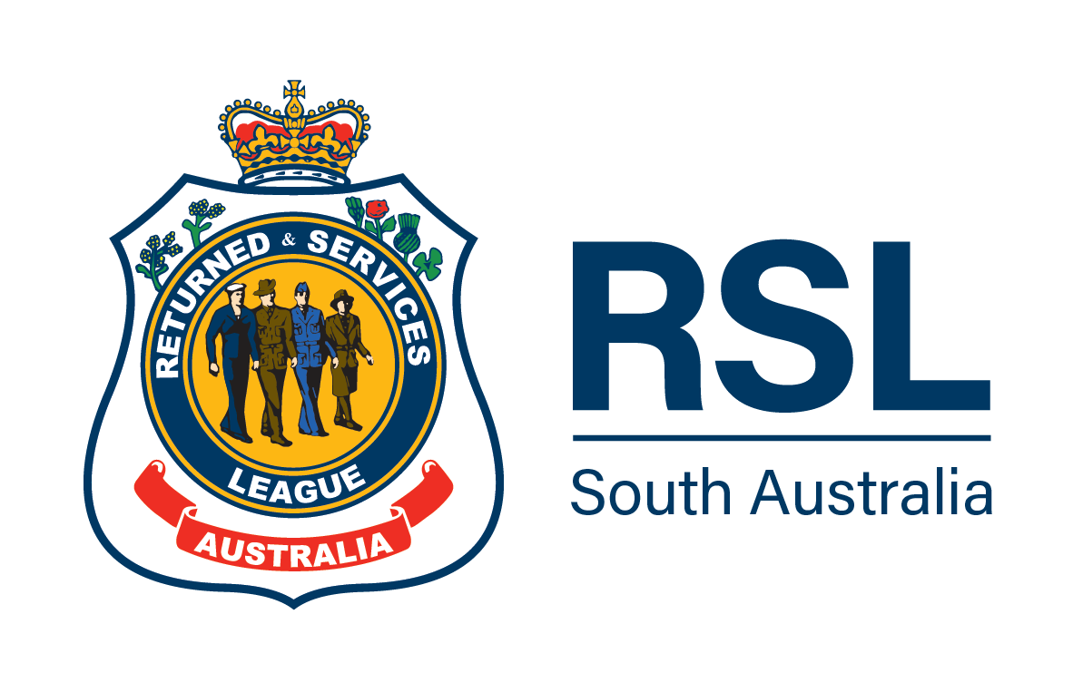 The logo of the Returned & Services League South Australia featuring a badge with four soldiers and a crown, and the text RSL South Australia.