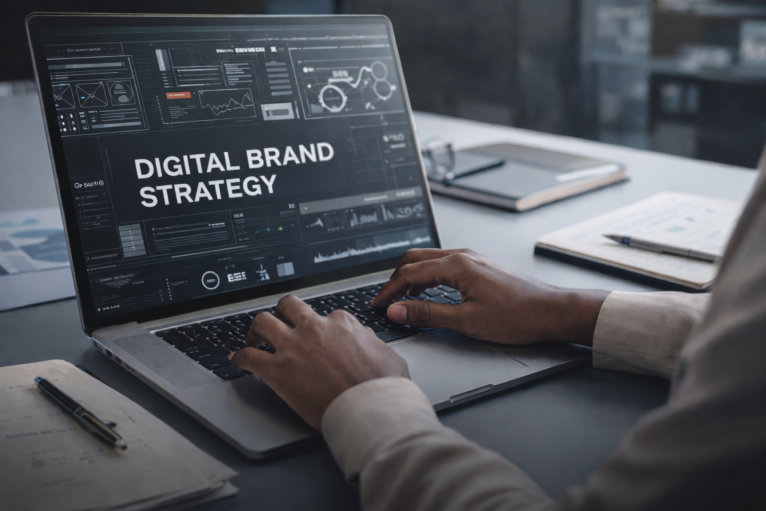 Person working on a laptop with a digital brand strategy presentation displayed on the screen, surrounded by notebooks and pens on a desk.