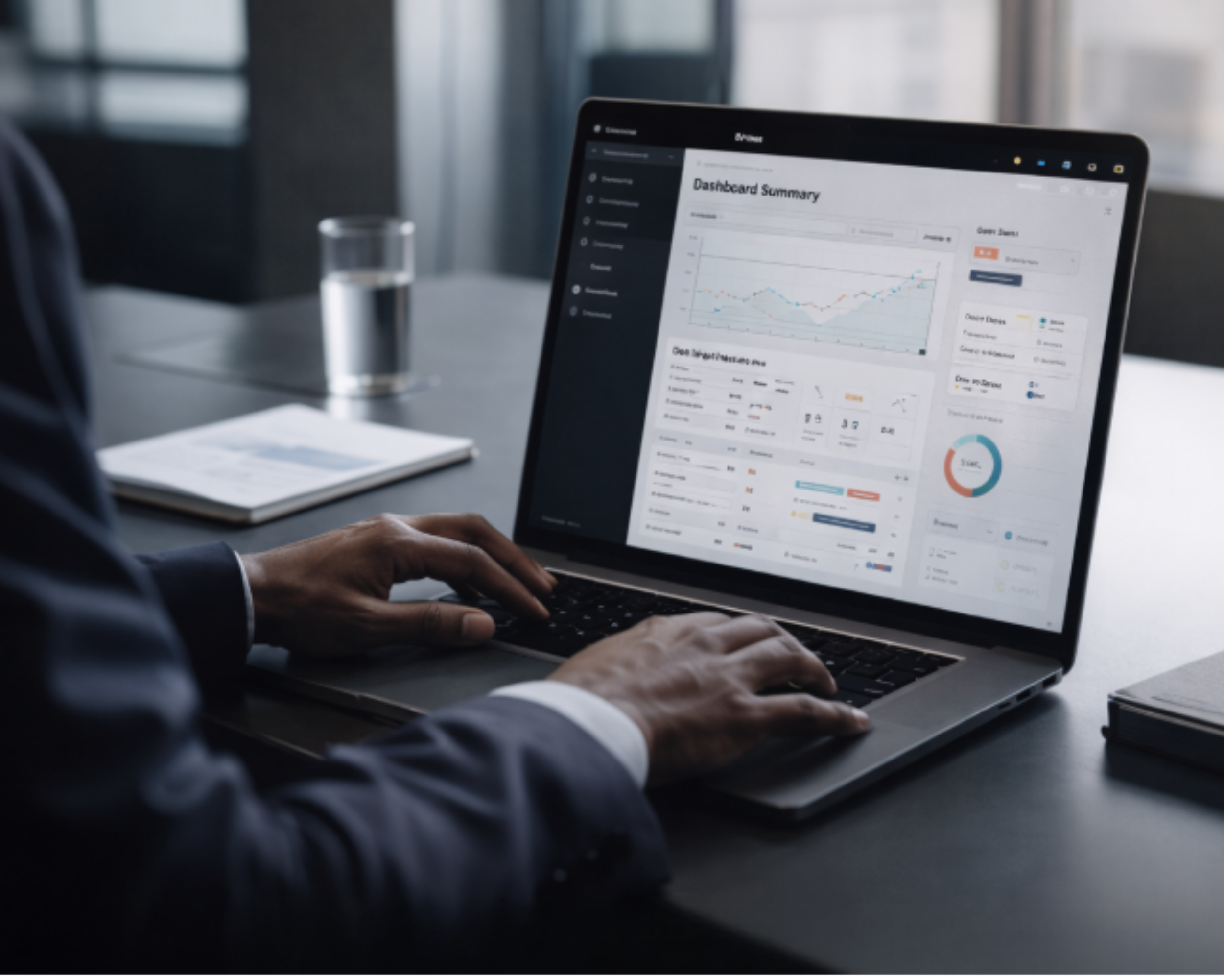 A person in a business suit using a laptop with a dark-themed dashboard displaying graphs and data.