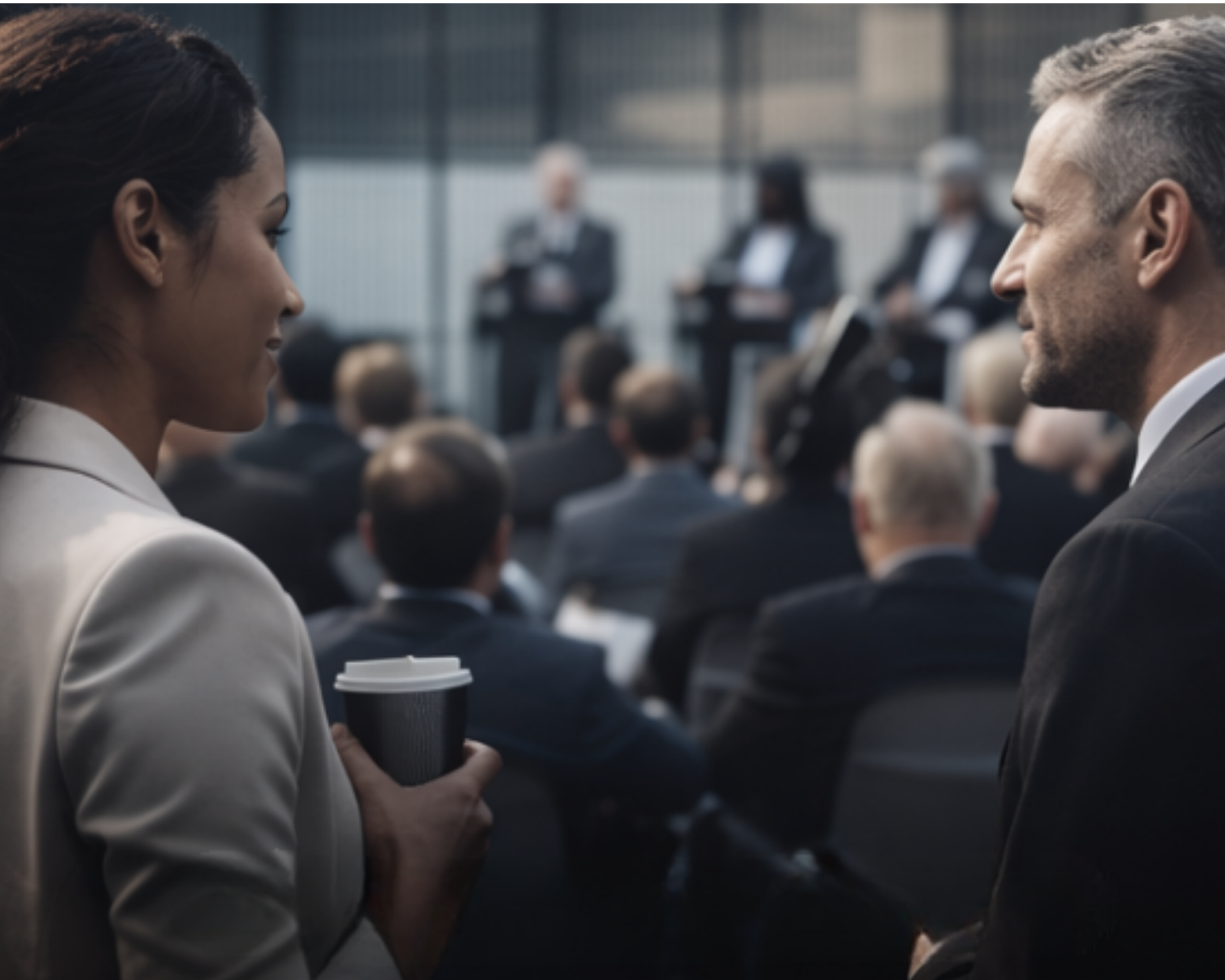 A woman holding a coffee cup and a man engaged in conversation at a business conference or seminar, with a large audience and speakers in the background.